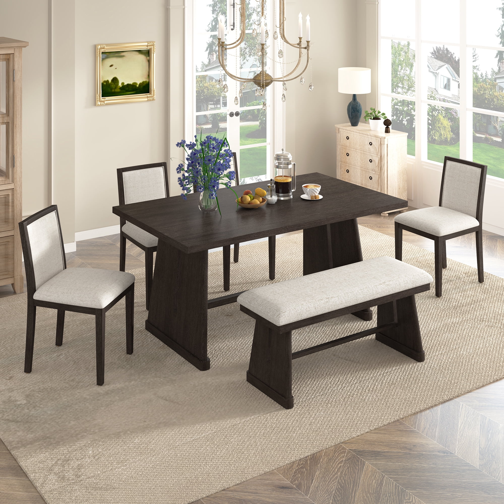 Euroco 6-Piece Farmhouse Dining Table Set for 6, 59.8" Rectangular Dining Table with 4 Upholstered Chairs & 1 Bench,Solid Wood Dining Furniture Set for Kitchen,Espresso