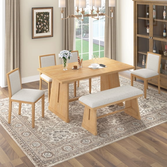 Euroco 6-Piece Farmhouse Dining Table Set for 6, 59.8" Rectangular Dining Table with 4 Upholstered Chairs & 1 Bench,Solid Wood Dining Furniture Set for Kitchen,Natural