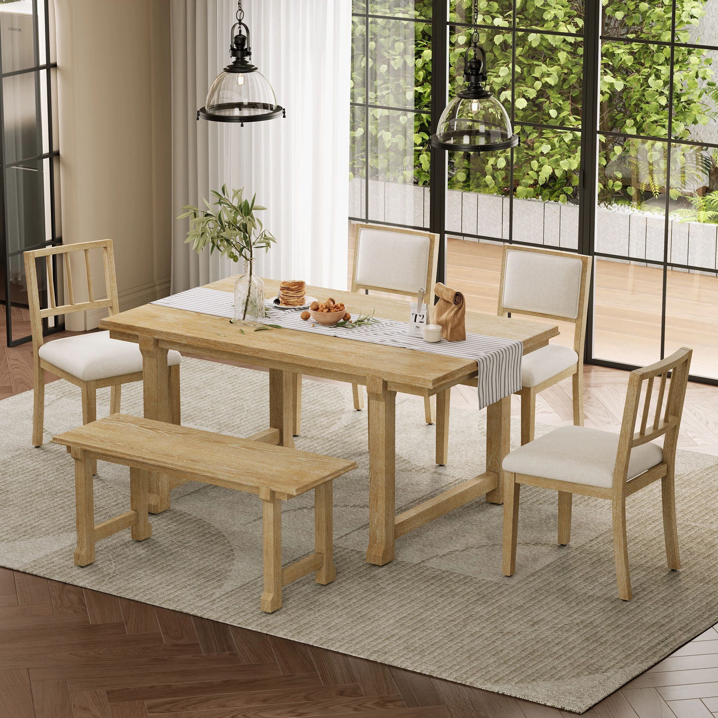 Euroco 6-Piece Farmhouse Dining Table Set for 6, 59.8" Space Saving Kitchen Table & Chairs Set with Wood Frame,Ideal for Kitchen & Dining Room, Restaurant,Natural