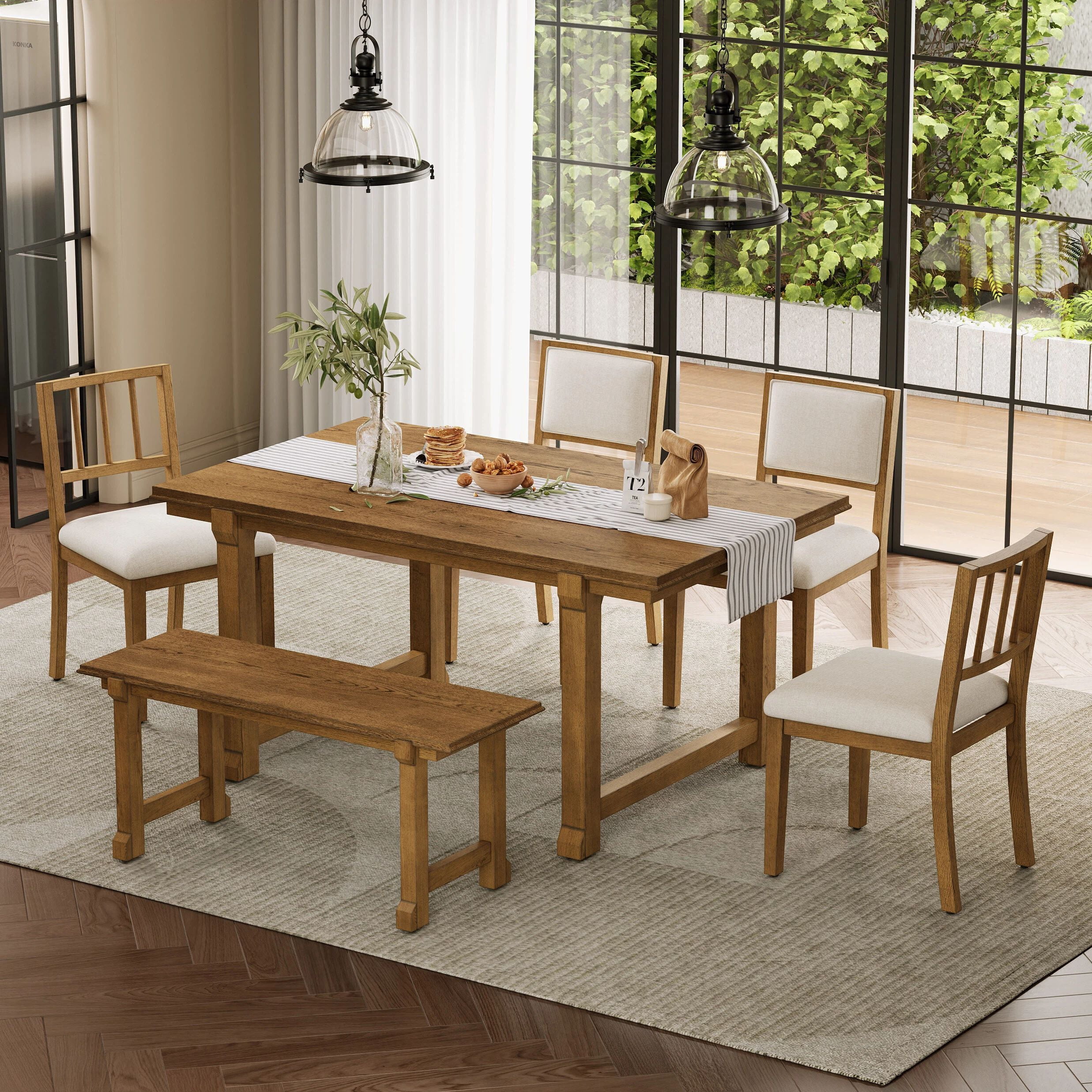 Euroco 6-Piece Farmhouse Dining Table Set for 6, 59.8" Space Saving Kitchen Table & Chairs Set with Wood Frame,Ideal for Kitchen & Dining Room, Restaurant,Walnut