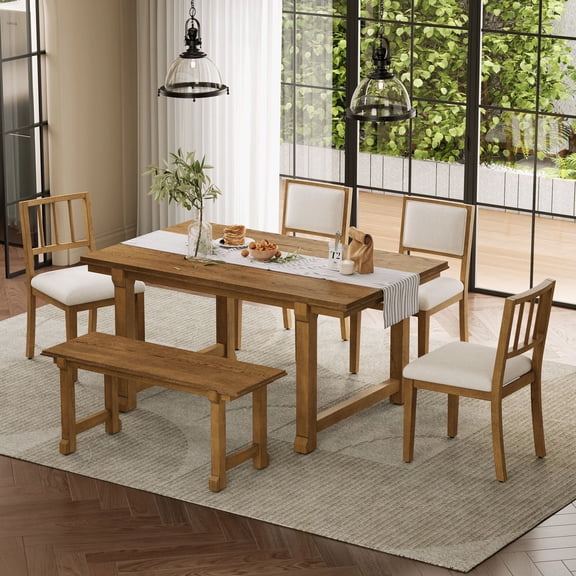 Euroco 6-Piece Farmhouse Dining Table Set for 6, 59.8" Space Saving Kitchen Table & Chairs Set with Wood Frame,Ideal for Kitchen & Dining Room, Restaurant,Walnut