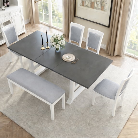 Euroco 6 Piece Farmhouse Dining Table Set for 6, 76.9" Extendable Trestle Kitchen Table Set with 4 Upholstered Chairs,1 Bench & Removable Leaf,Wood Kitchen Table and Chairs Set for Dining Room,Gray