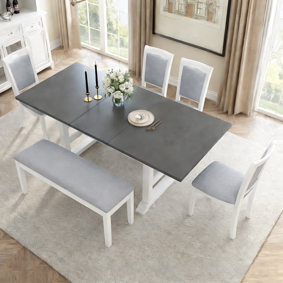 Euroco 6 Piece Farmhouse Dining Table Set for 6, 76.9" Extendable Trestle Kitchen Table Set with 4 Upholstered Chairs,1 Bench & Removable Leaf,Wood Kitchen Table and Chairs Set for Dining Room,Gray