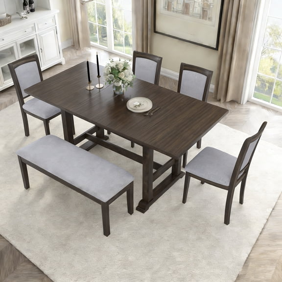 Euroco 6 Piece Farmhouse Dining Table Set for 6, 76.9" Extendable Trestle Kitchen Table Set with 4 Upholstered Chairs,1 Bench & Removable Leaf,Wood Kitchen Table and Chairs Set for Dining Room,Walnut