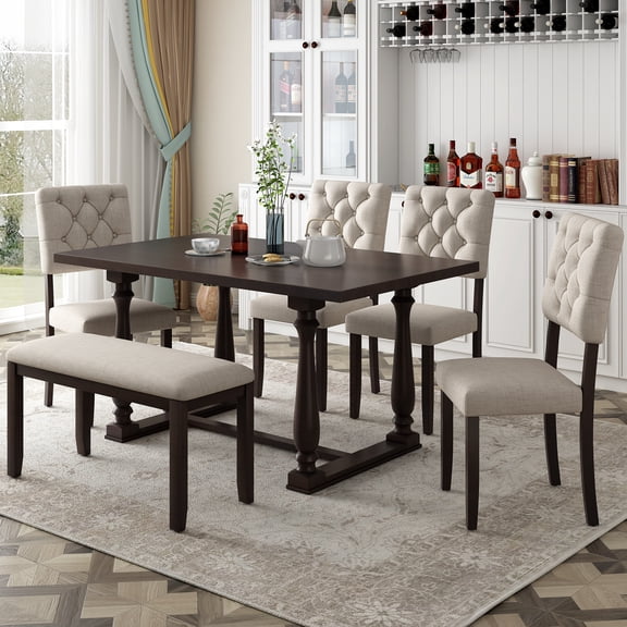 Euroco 6 Piece Farmhouse Dining Table Set, Rectangular Wood Kitchen Table Set with 4 Upholstered Chairs and 1 Bench,Space-Saving for Apartment,Dining Room,Espresso