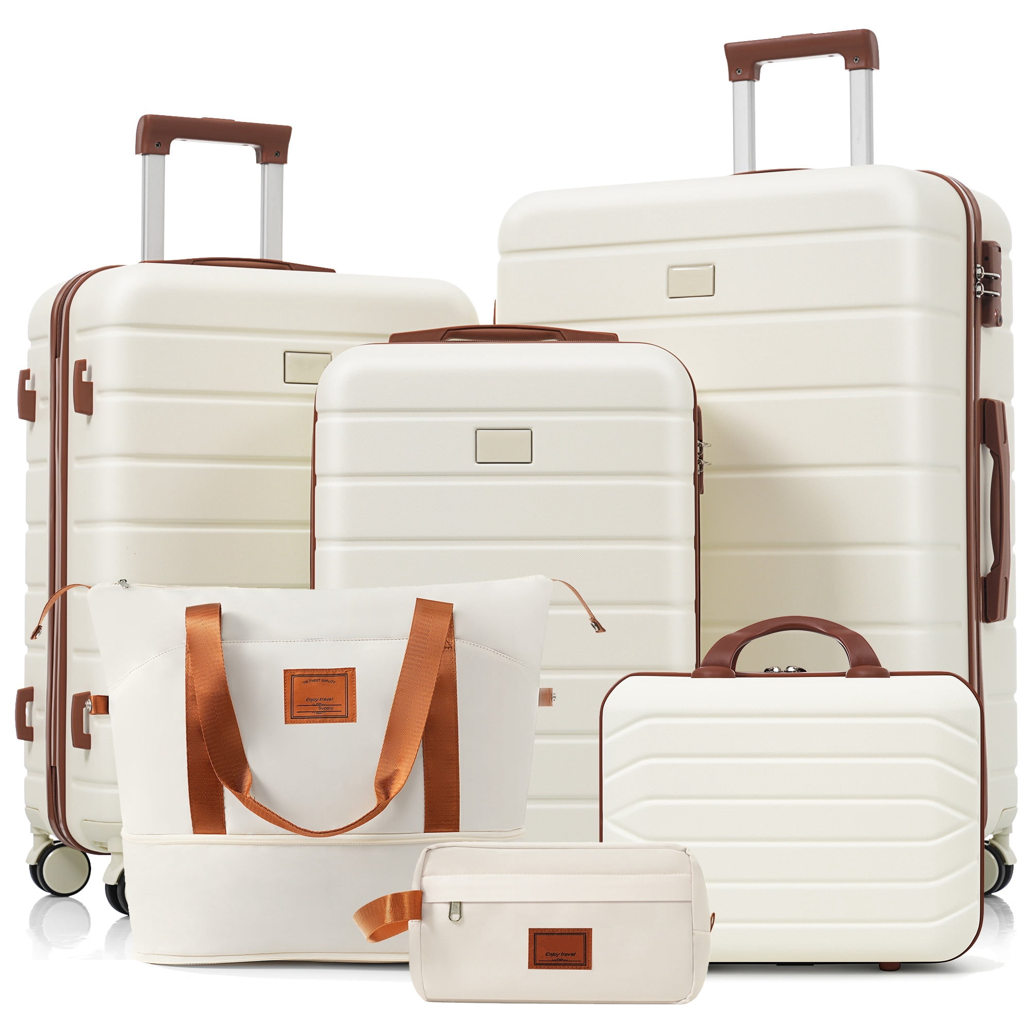 Euroco 6 Piece Hardshell Luggage Sets, Lightweight Suitcase Set with TSA Lock, Spinner Wheels & Expandable Travel Duffel Bag,14/20/24/28 Inch,Ivory