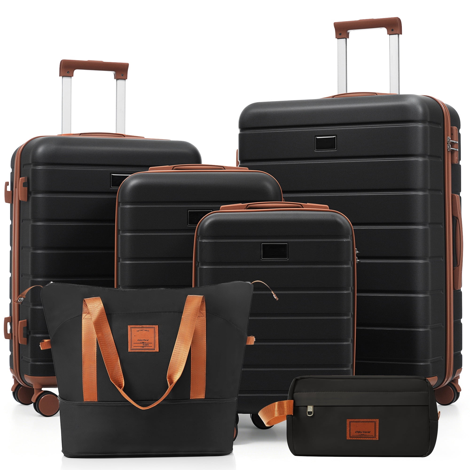 Euroco 6 Piece Luggage Sets, ABS Hardshell Suitcase Set with 2 Bags,Spinner Wheels & TSA Lock, Large Checked Travel Suitcases for Family,16/20/24/28 Inch,Black