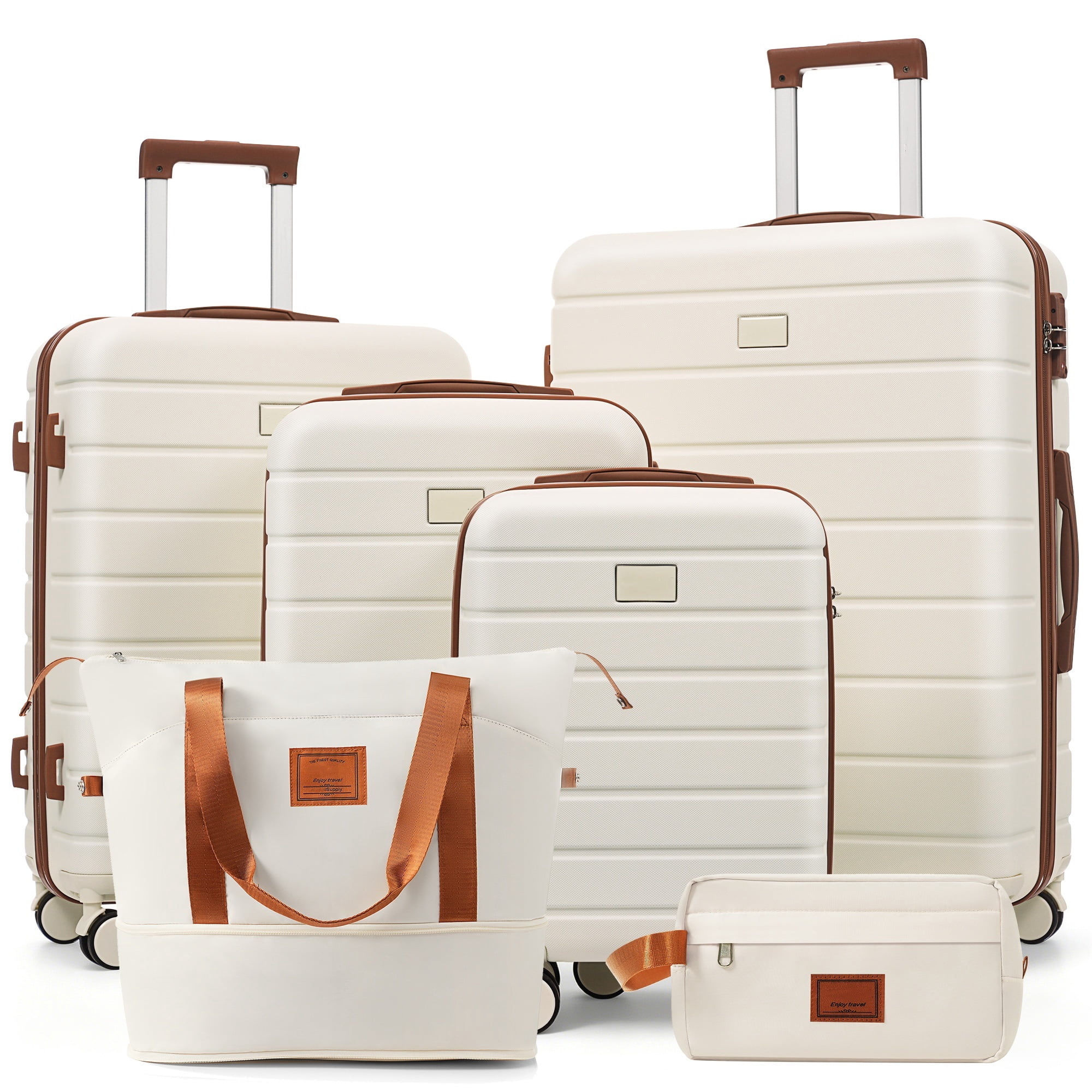 Euroco 6 Piece Luggage Sets, ABS Hardshell Suitcase Set with 2 Bags,Spinner Wheels & TSA Lock, Large Checked Travel Suitcases for Family,16/20/24/28 Inch,Ivory