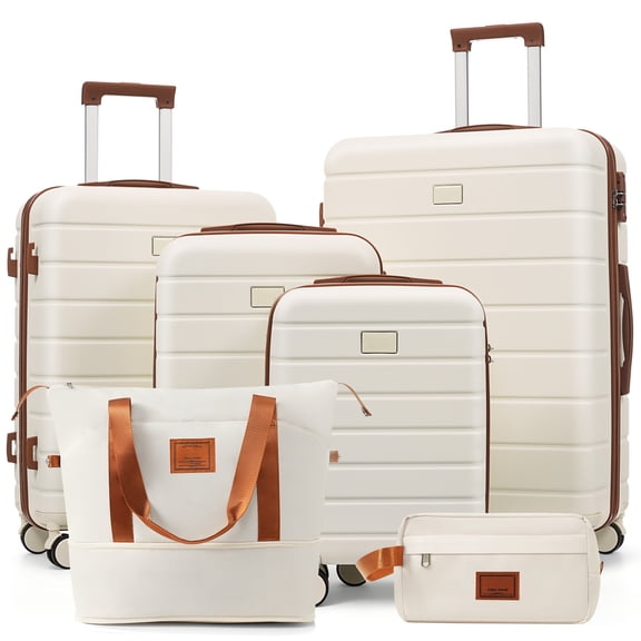 Euroco 6 Piece Luggage Sets, ABS Hardshell Suitcase Set with 2 Bags,Spinner Wheels & TSA Lock, Large Checked Travel Suitcases for Family,16/20/24/28 Inch,Ivory