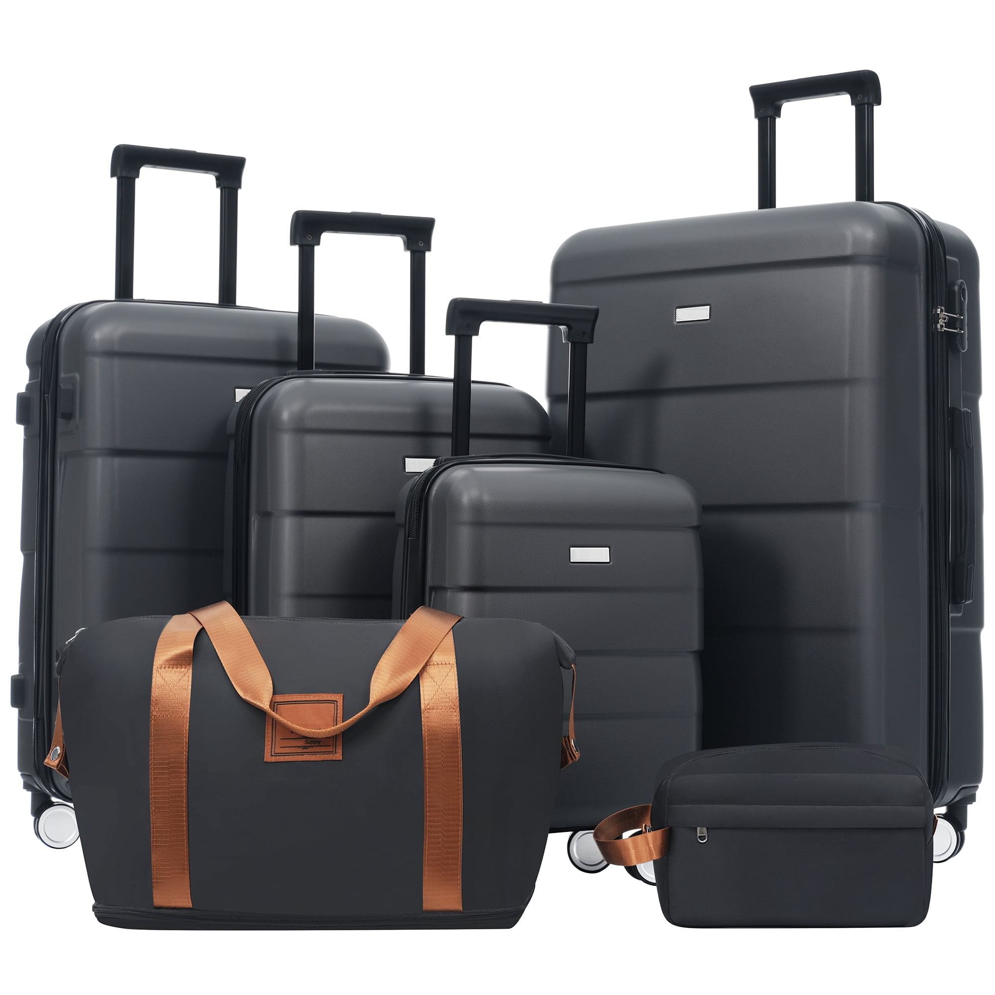 Euroco 6 Piece Luggage Sets, ABS Hardshell Suitcase Set with Password Lock,Spinner Wheels and 2 Bags,Durable Lightweight Carry on Suitcase with Handle for Travel,Charcoal(16"/20"/24"/28")