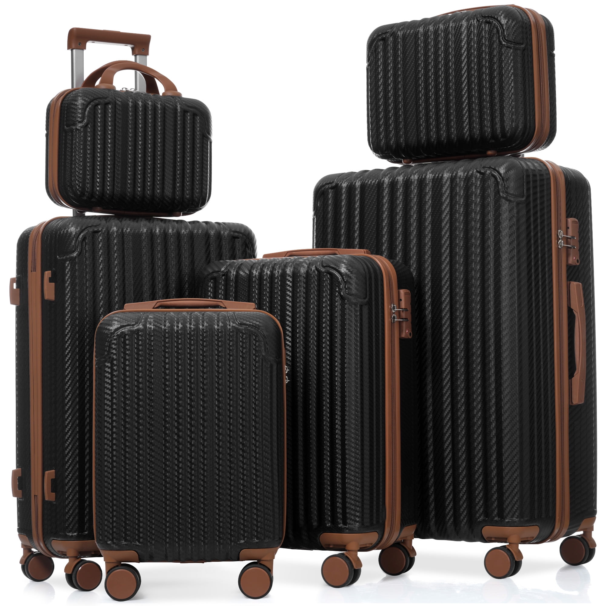 Euroco 6 Piece Luggage Sets,Hardshell ABS Suitcases with 8 Spinner Wheels, TSA Lock & Side Hooks,Lightweight Durable Carry-On & Checked Luggage for Family Trips,Black Brown
