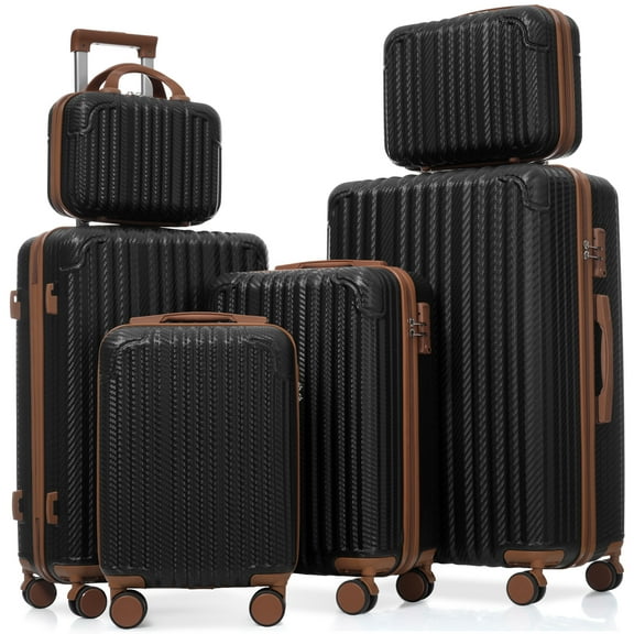 Euroco 6 Piece Luggage Sets,Hardshell ABS Suitcases with 8 Spinner Wheels, TSA Lock & Side Hooks,Lightweight Durable Carry-On & Checked Luggage for Family Trips,Black Brown