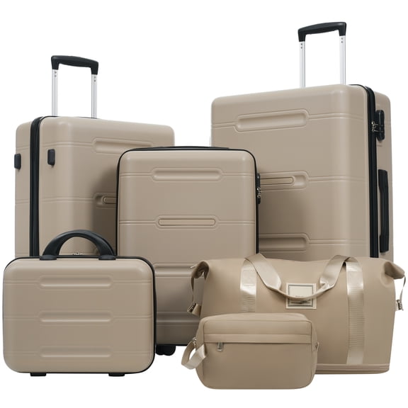 Euroco 6 Piece Luggage Sets,Lightweight Hardshell Suitcase set with Spinner Wheels,Handle Password Lock,Cosmetic Case & 2 Travel Duffel Bags,Large Suitcase Set for Family(14/20/24/28 inch),khaki