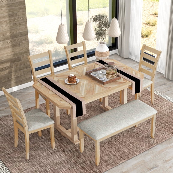 Euroco 6-Piece Rubber Wood Dining Table Set for 6, Farmhouse Kitchen Table Set with Beautiful Wood Grain Tabletop, 4 Upholstered Chairs & a Bench for Dining Room,Natural
