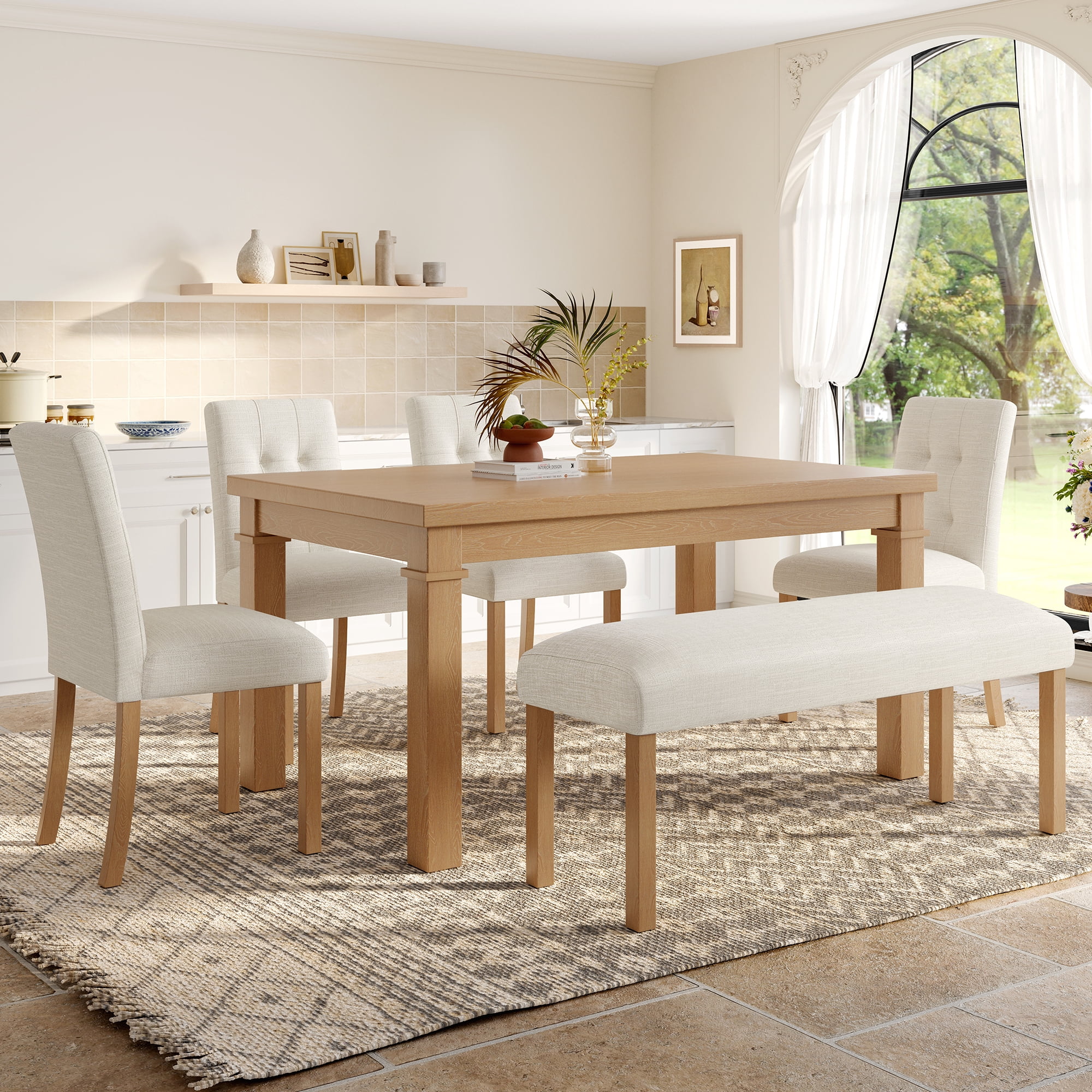 Euroco 6-Piece Wood Dining Table Set for 6, Modern Rectangular Kitchen Table Set with 4 Upholstered Chairs & Bench for Kitchen Dining Room,Natural