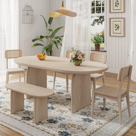 Euroco 6-Piece Wooden Dining Chairs Set,Modern Kitchen Table Chairs & Bench Set for 6,Natural