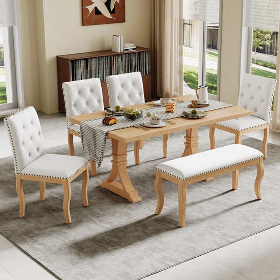 Euroco 6 Pieces Dining Table Set for 6, Solid Wood Kitchen Table Set with 4 Upholstered Chairs and Bench, Rectangular Dining Furniture Set,Natural