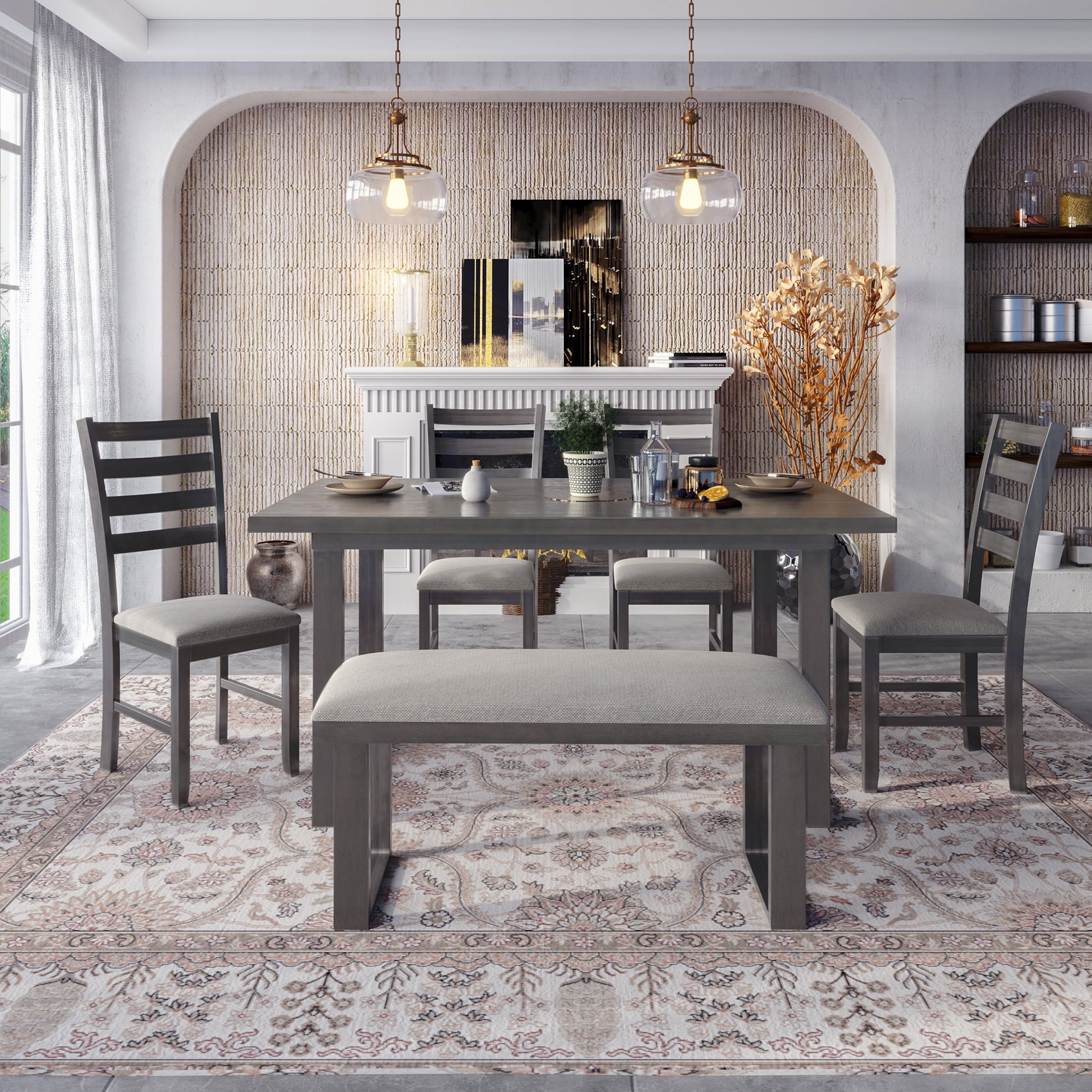 EUROCO 6 Piece Kitchen Dining Table and Chair Set,60” Dining Room Table