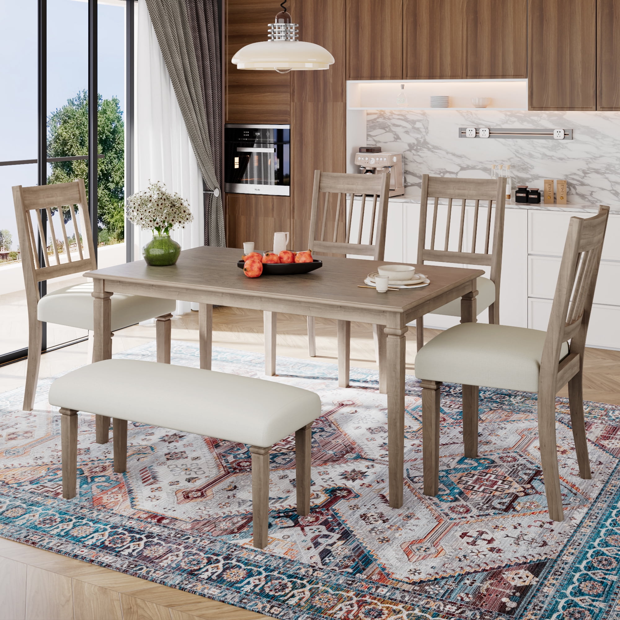 Euroco 6 Pieces Wood Dining Table Set with Bench,Retro Rectangular Table with 4 Upholstered Chairs & 1 Bench for Kitchen & Dining Room,Brown