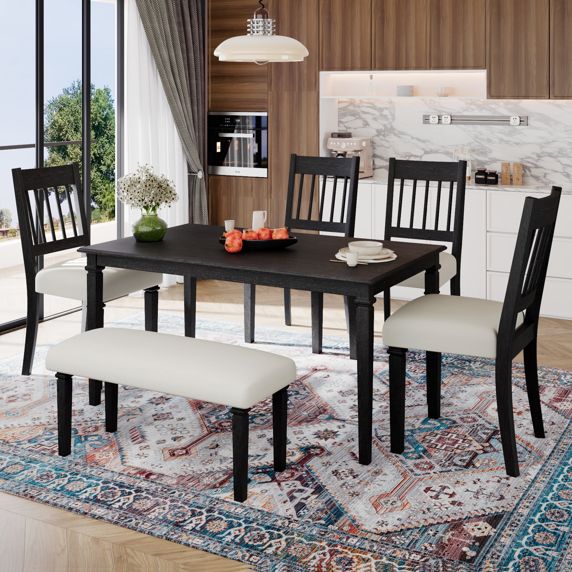 Euroco 6 Pieces Wood Dining Table Set with Bench,Retro Rectangular Table with 4 Upholstered Chairs & 1 Bench for Kitchen & Dining Room,Grey