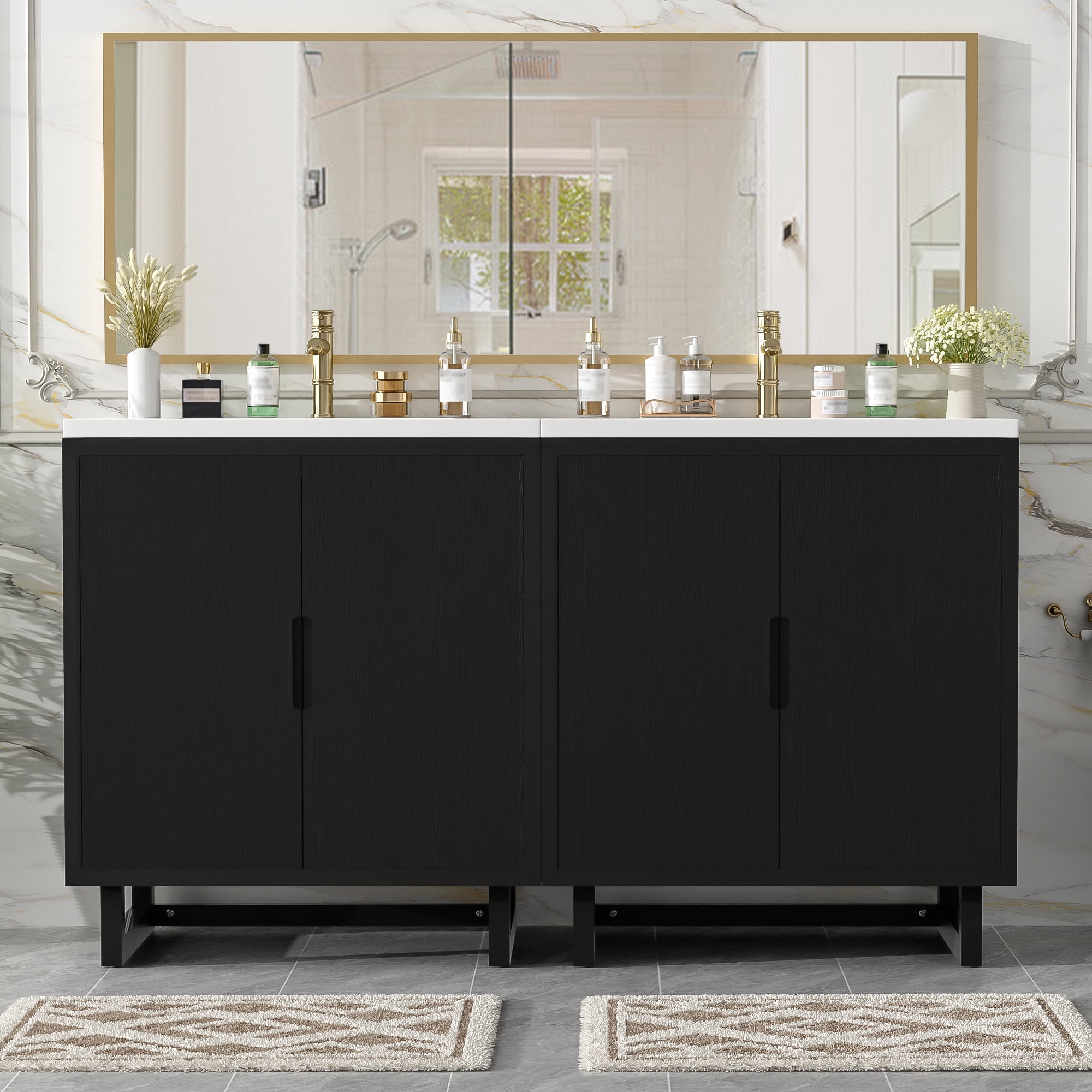 Euroco 60.2" Bathroom vanity Set with Sink, Combo Cabinet, Bathroom Storage Cabinet, Solid Wood Frame