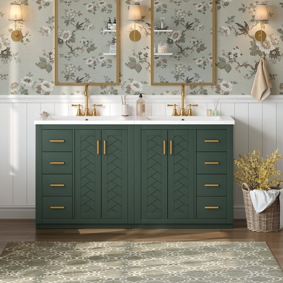 Euroco 60'' Bathroom Vanity with Ceramic Sink Combo,Solid Wood Frame Bathroom Storage Cabinet, Freestanding Vanity Set with 3 Drawers& Soft Closing Doors