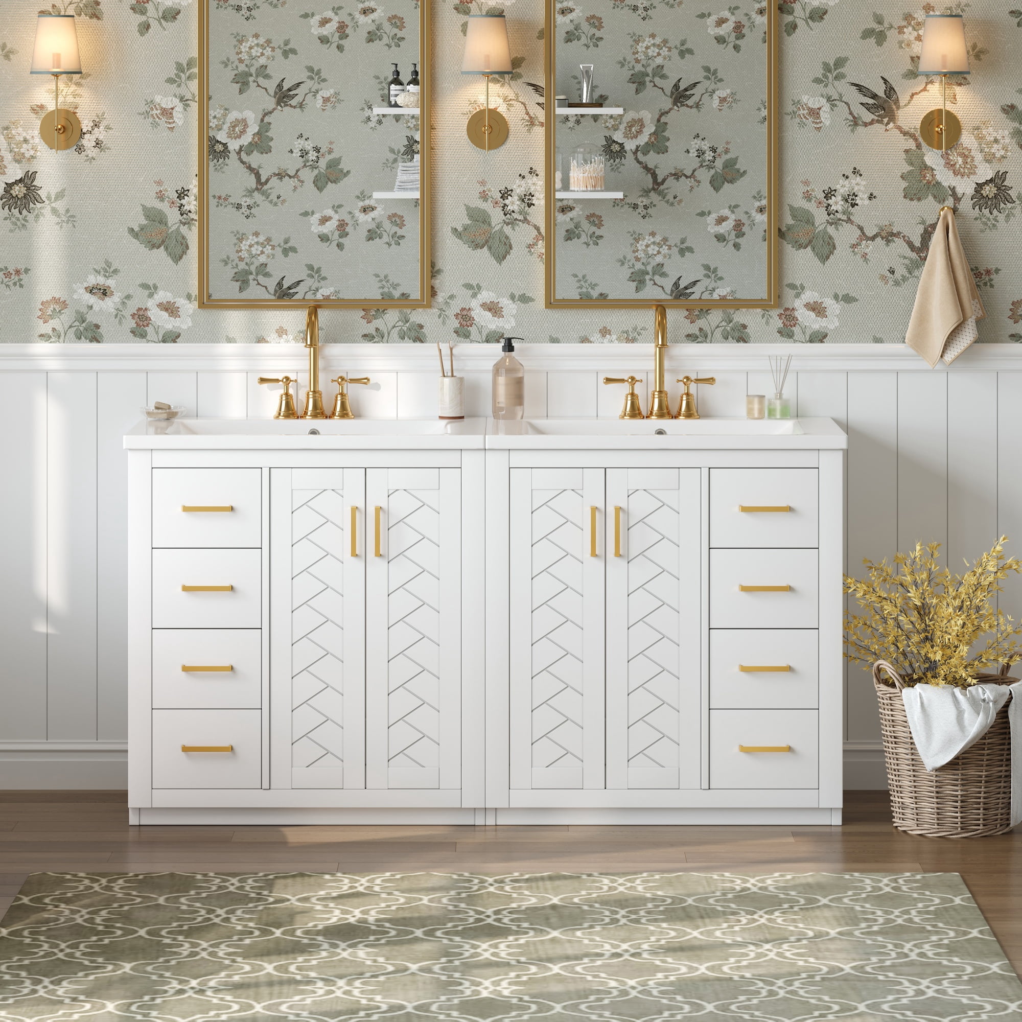 Euroco 60'' Bathroom Vanity with Ceramic Sink Combo,Solid Wood Frame Bathroom Storage Cabinet, Freestanding Vanity Set with 3 Drawers& Soft Closing Doors