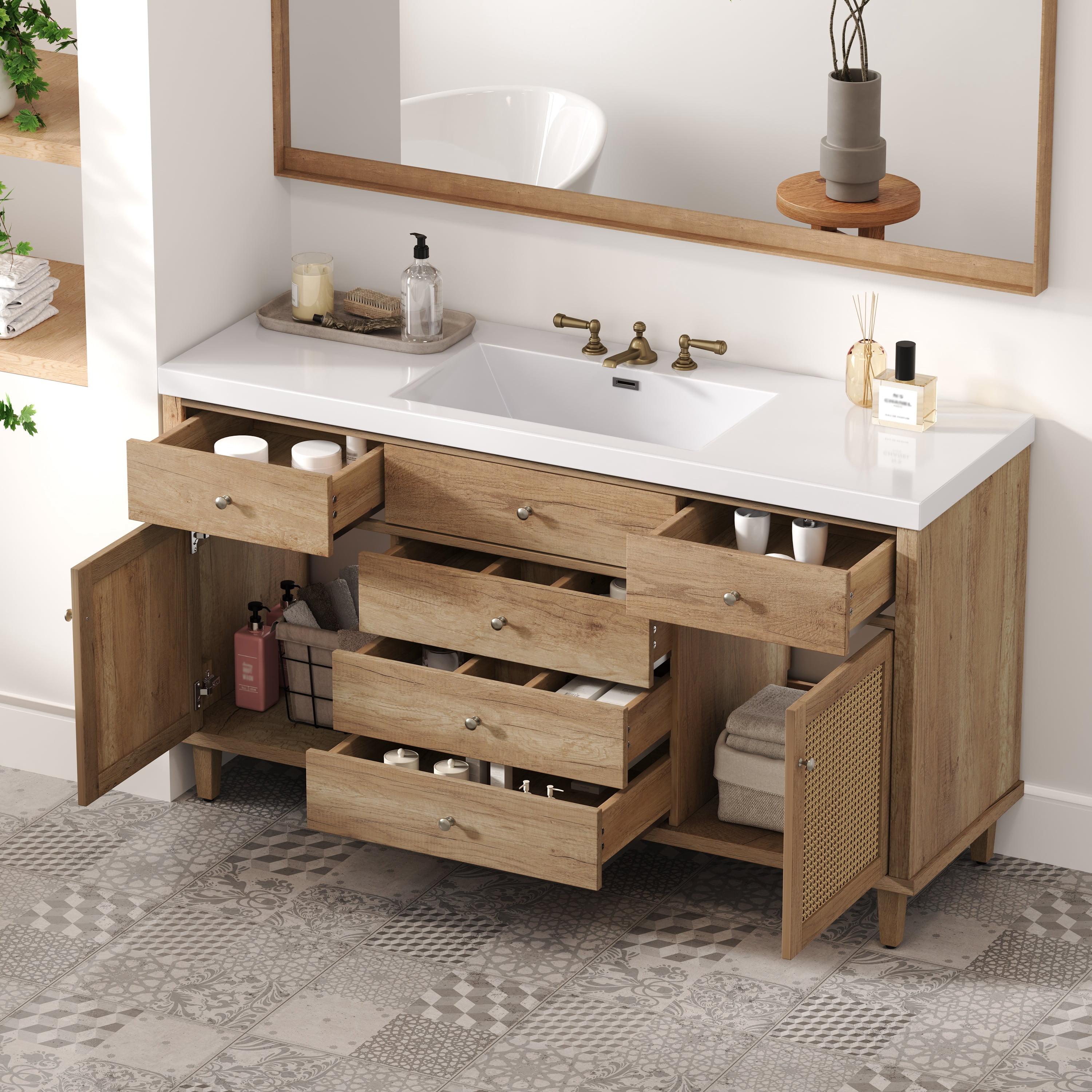 Euroco 60" Bathroom Vanity with SMC Sink, Modern Large Storage Bathroom Storage Cabinet with Soft Close Drawers and Rattan Doors, Silver Metal Knobs and 5 Pine Legs, Natural
