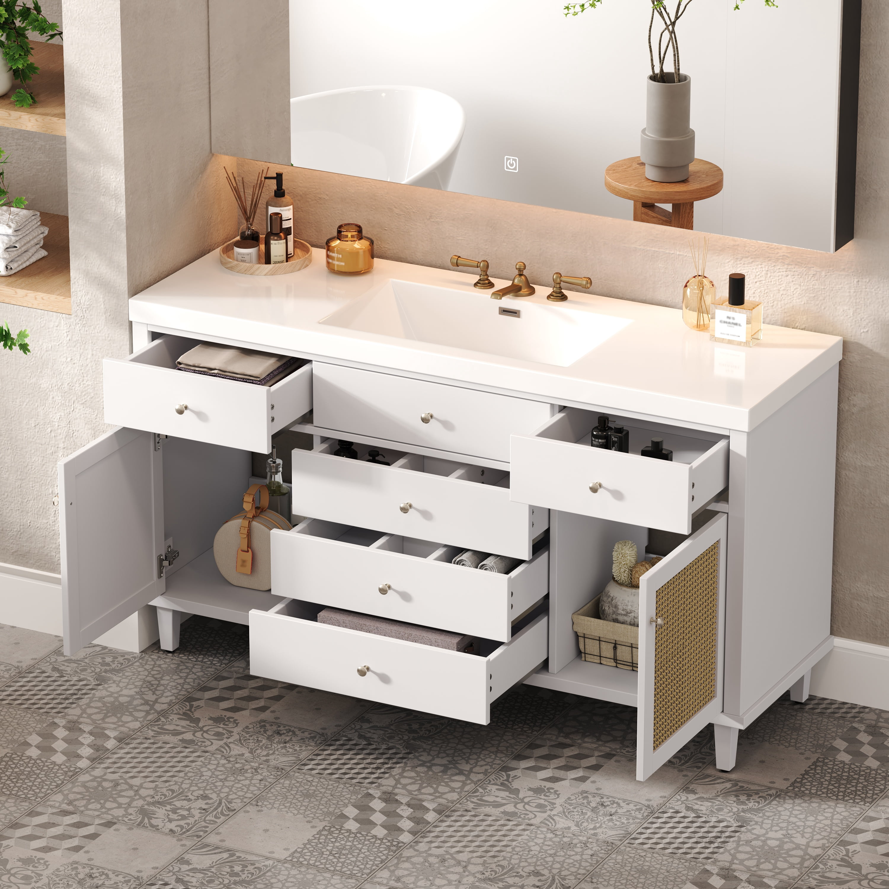 Euroco 60" Bathroom Vanity with SMC Sink, Modern Large Storage Bathroom Storage Cabinet with Soft Close Drawers and Rattan Doors, Silver Metal Knobs and 5 Pine Legs, White