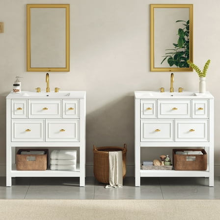 Euroco 60'' Bathroom Vanity with Ceramic Sink Combo, Free Standing Single Vanity Set with 5 Drawers, Solid Wood Frame Bathroom Storage Cabinet