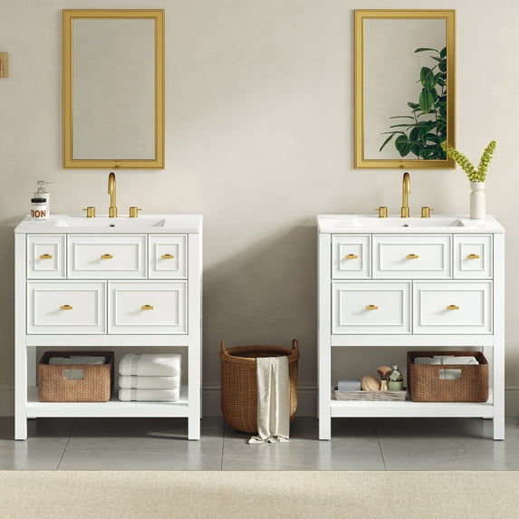 Euroco 60'' Bathroom Vanity with Ceramic Sink Combo, Free Standing Single Vanity Set with 5 Drawers, Solid Wood Frame Bathroom Storage Cabinet