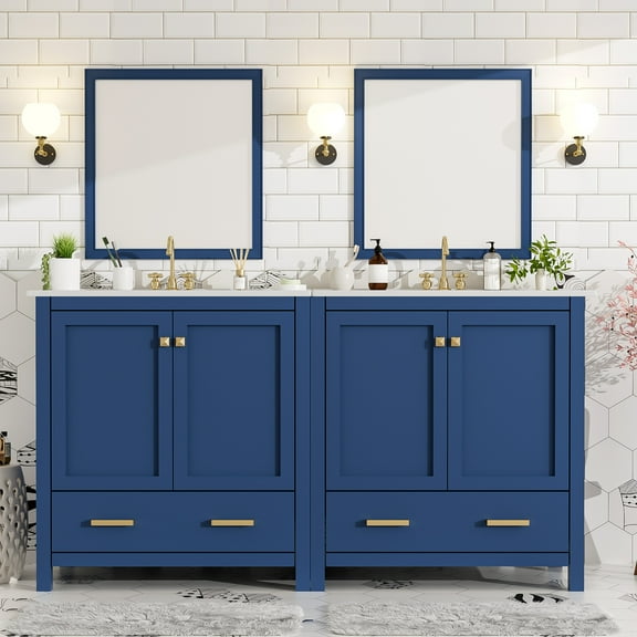 Euroco 60" Blue Bathroom Vanity Set with Double Vanities (Separate), Double Ceramic Sinks, Storage Shelf, and Divided Drawers (Mirror not included)– Modern Bathroom Solution for Spacious Bathrooms