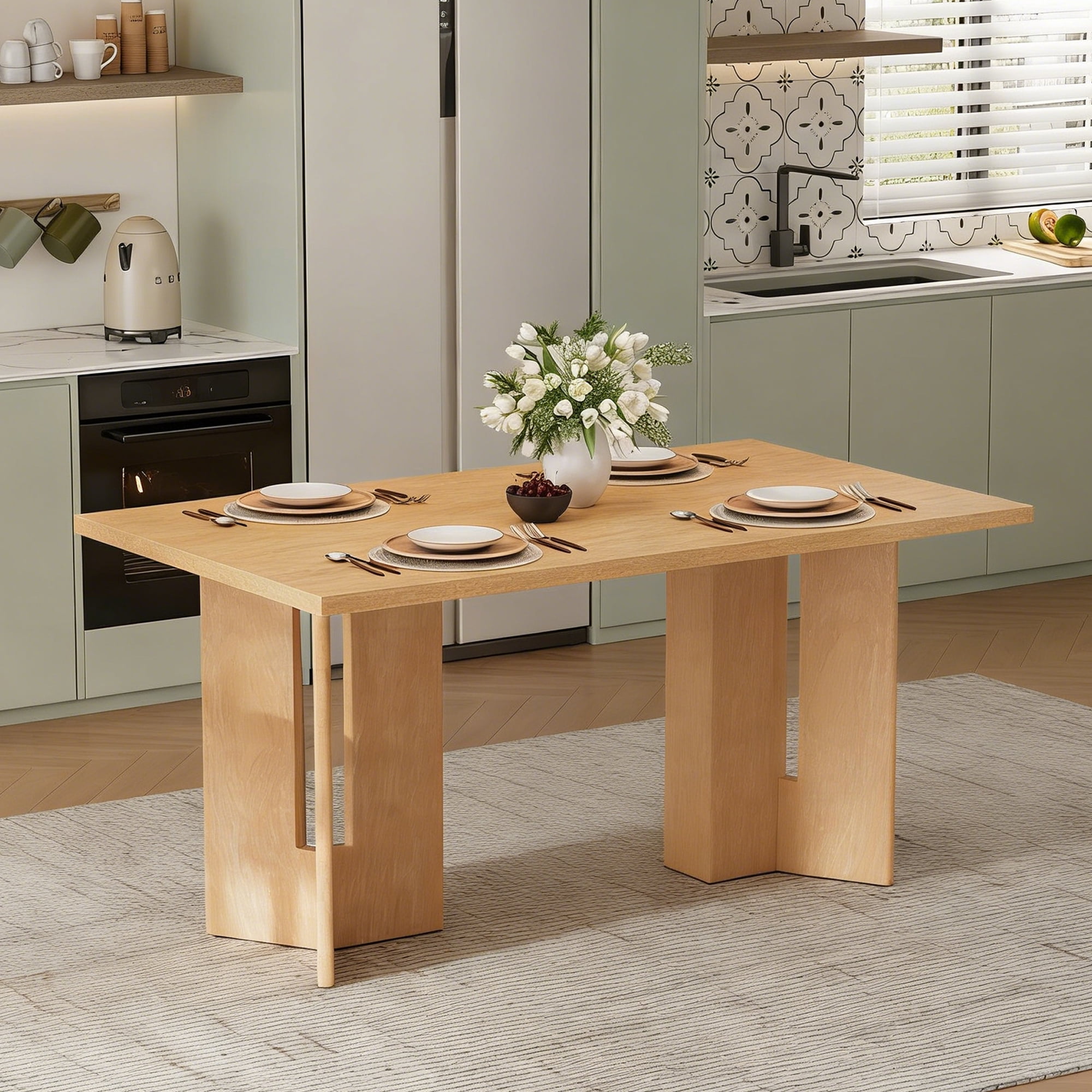 Euroco 60" Farmhouse Dining Table for 4-6, Solid Wood Rectangular Kitchen Table with Cutout Legs for Dining Room, Kitchen and Living Room,Natural