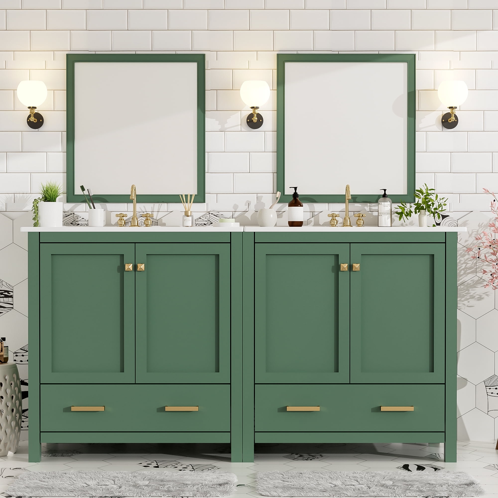 Euroco 60" Green Bathroom Vanity Set with Double Vanities (Separate), Double Ceramic Sinks, Storage Shelf, and Divided Drawers (Mirror not included)– Modern Bathroom Solution for Spacious Bathrooms