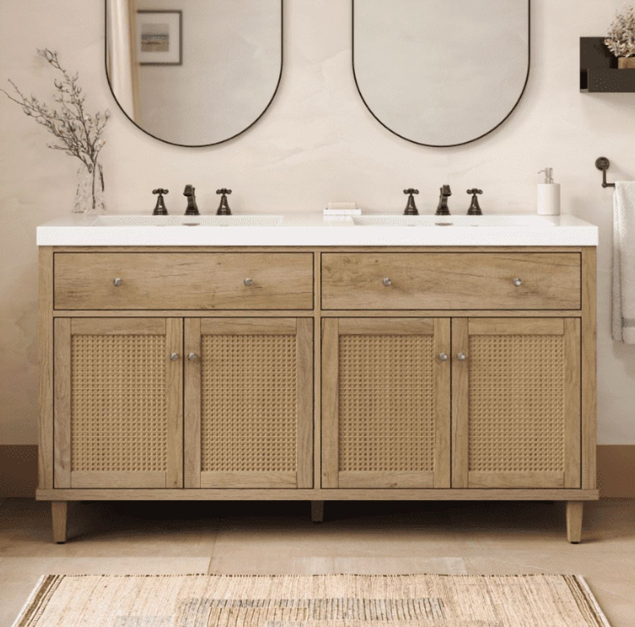 Euroco 60 Inch Bathroom Vanity with Double Sink ( SMC Sink ), Large Storage Space with 2 Tip-Out Trays / Flip-Out Drawers and 4 Soft Closing Doors,Wood Color