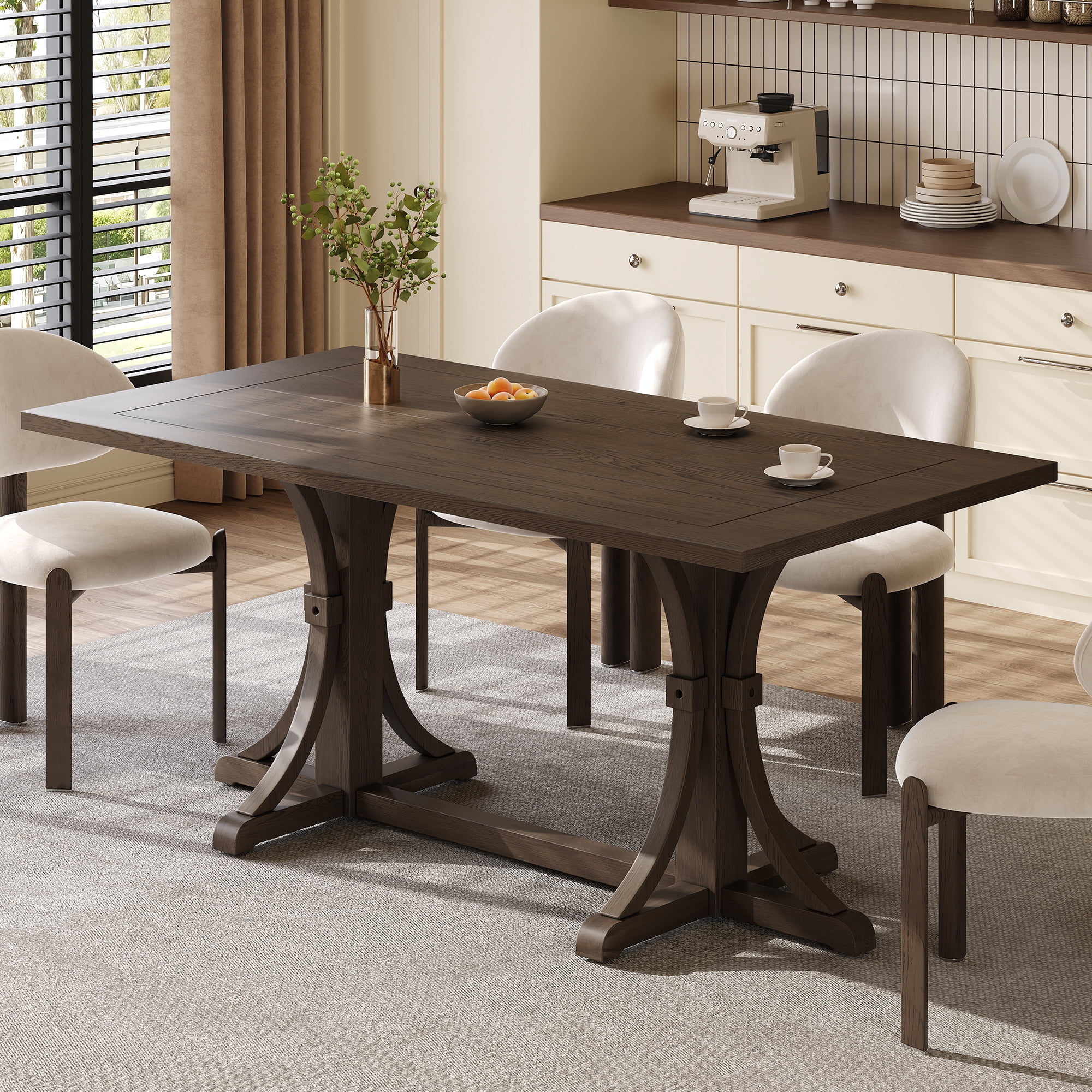 Euroco 60 Inch Farmhouse Dining Table for 6, Solid Wood Dining Room Table Kitchen Table with Trestle Base & Curved Legs for Living Room,Home Office,Espresso