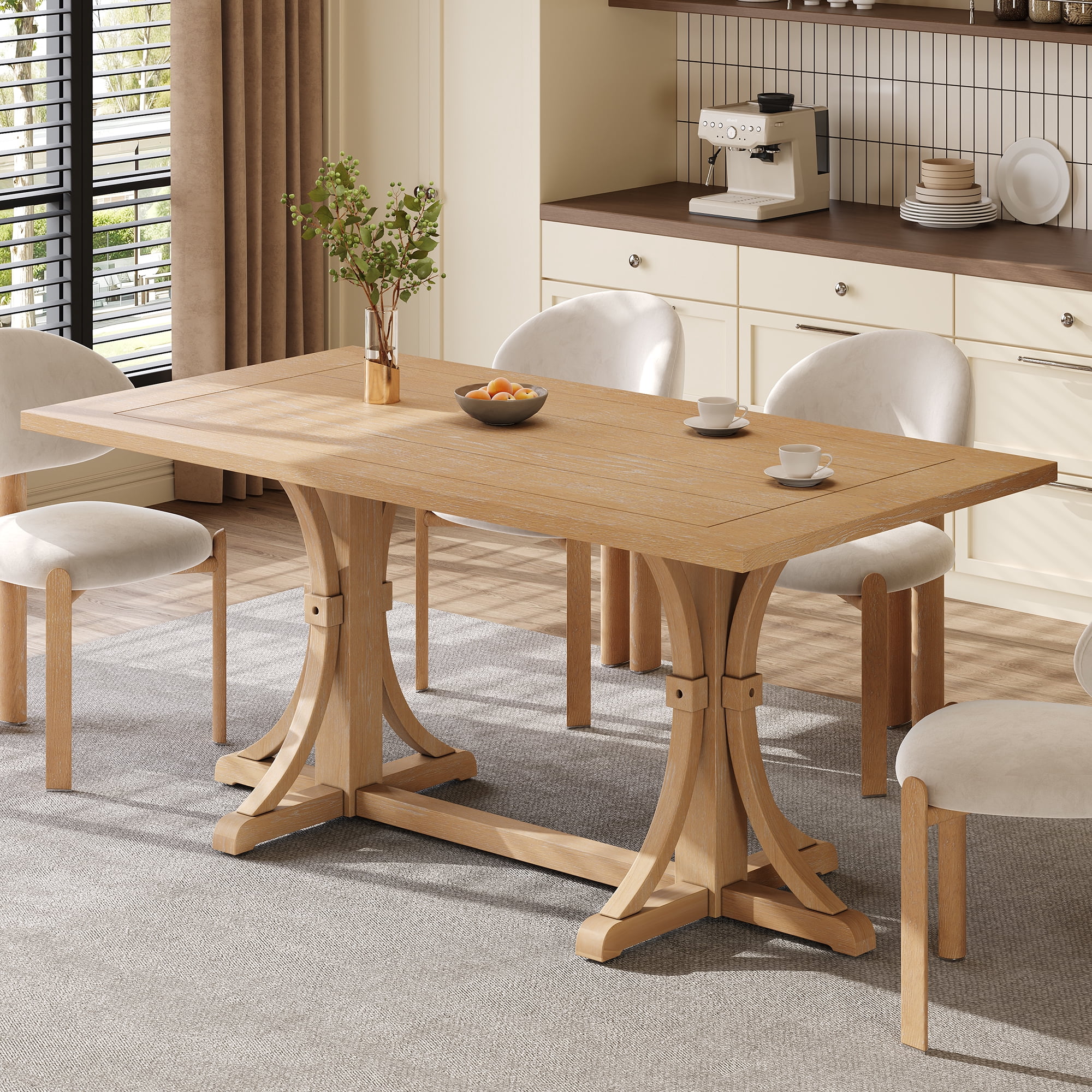 Euroco 60 Inch Farmhouse Dining Table for 6, Solid Wood Dining Room Table Kitchen Table with Trestle Base & Curved Legs for Living Room,Home Office,Natural