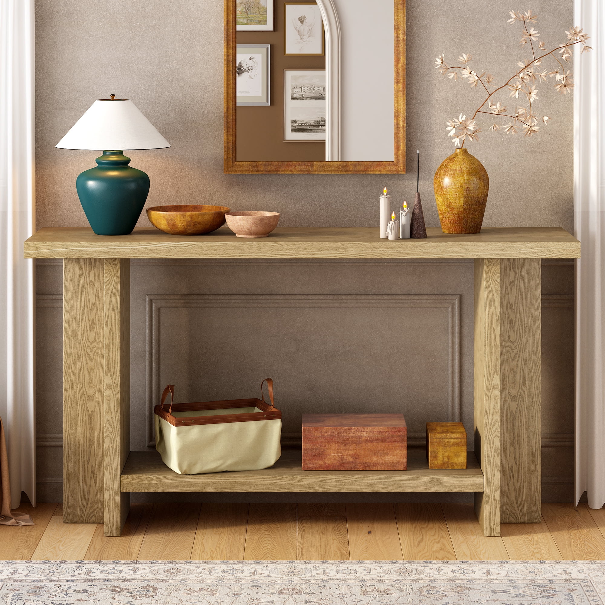 Euroco 60" Long Console Table, Retro Wood Entryway Table with T Shaped Legs and Bottom Storage Shelf, Sofa Table for Living Room, Entrance,Hallway, Foyer,Natural