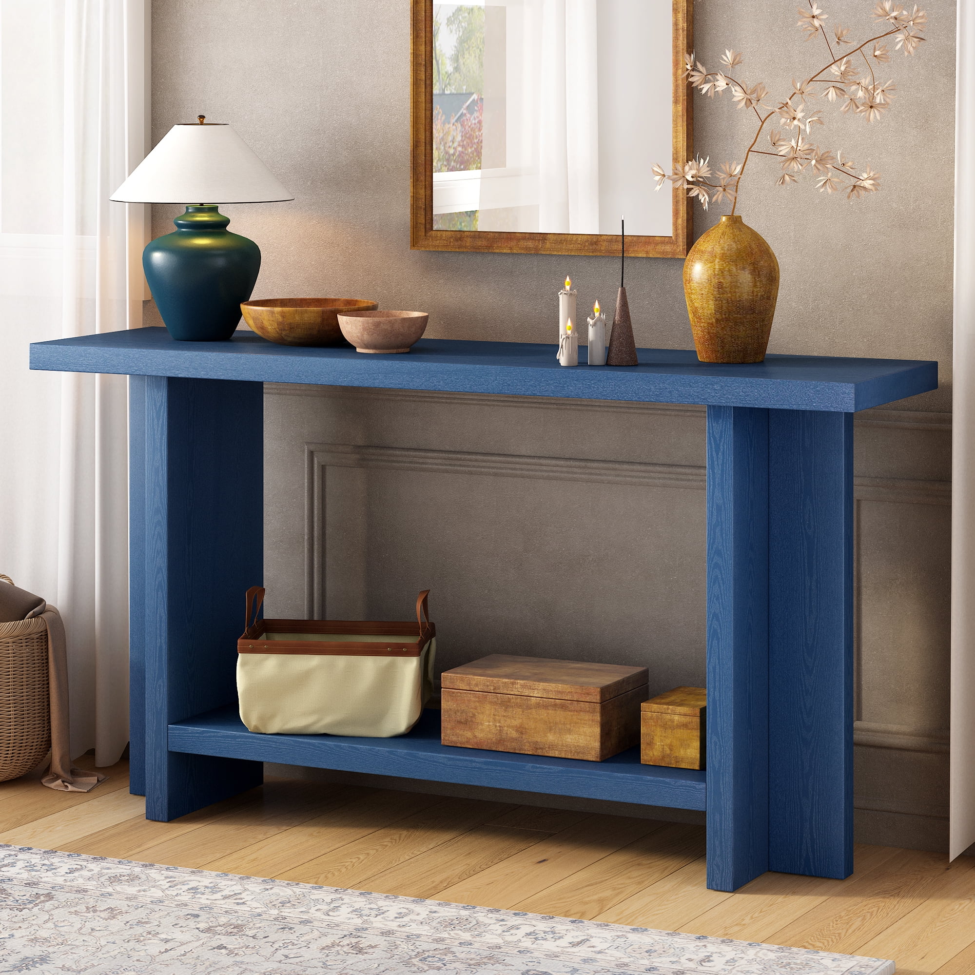 Euroco 60" Long Console Table, Retro Wood Entryway Table with T Shaped Legs and Bottom Storage Shelf, Sofa Table for Living Room, Entrance,Hallway, Foyer,Navy Blue