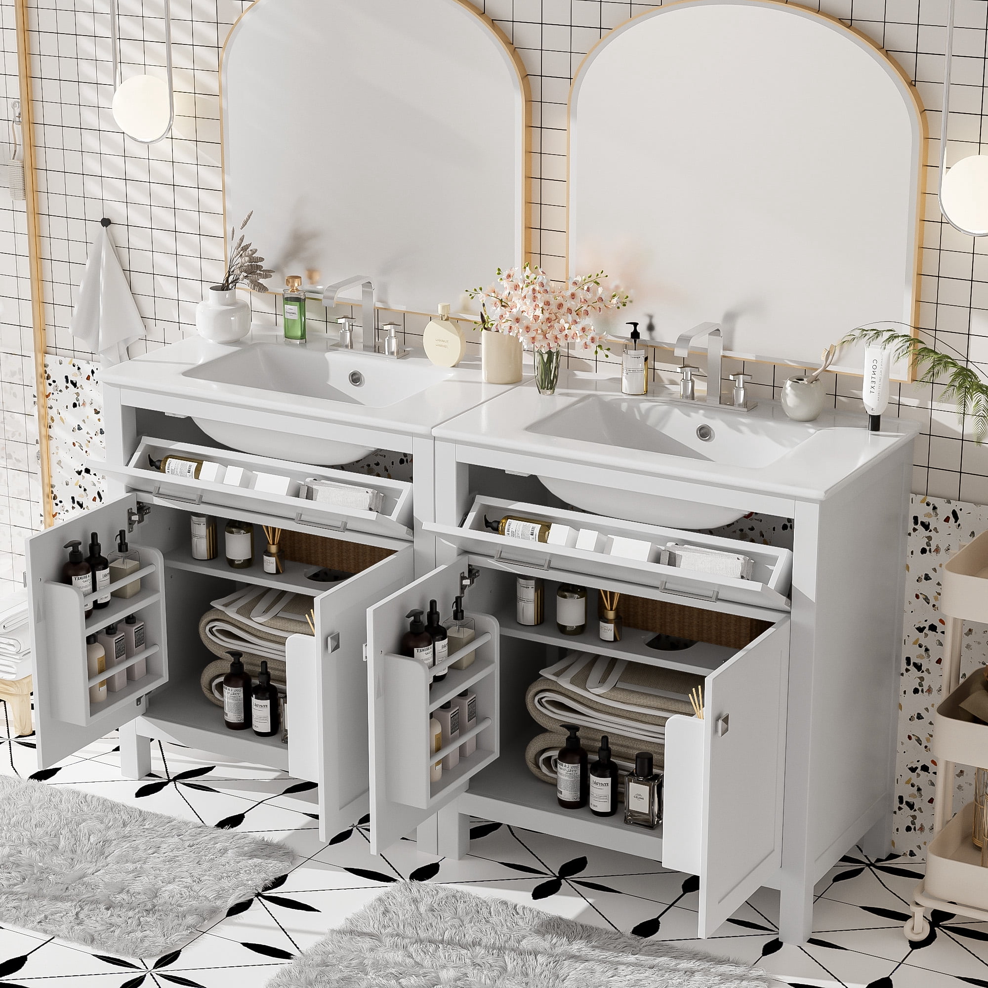 Euroco 60" Modern White Bathroom Vanity Set with Double Vanities (Separate), Double Ceramic Sinks, Adjustable Shelf, Soft Close Doors and Flip Drawer– Modern Bathroom Solution for Spacious Bathrooms