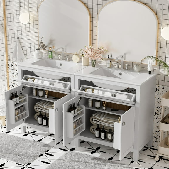 Euroco 60" Modern White Bathroom Vanity Set with Double Vanities (Separate), Double Ceramic Sinks, Adjustable Shelf, Soft Close Doors and Flip Drawer– Modern Bathroom Solution for Spacious Bathrooms