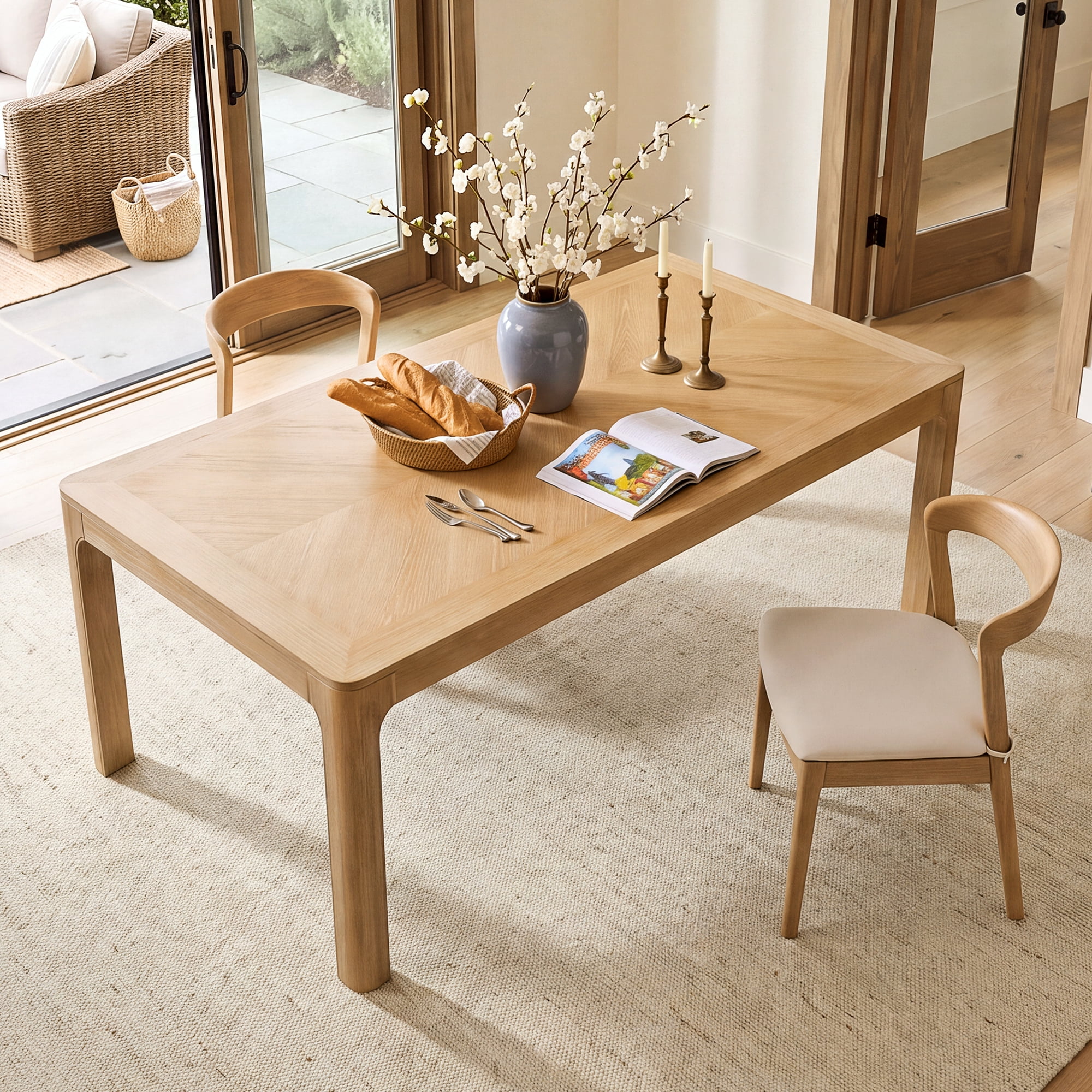 Euroco 60" Rectangular Dining Table for 4-6 Person,Farmhouse Wood Kitchen Table with Rounded Corners and Curved Leg for Kitchen Living Room,Natural
