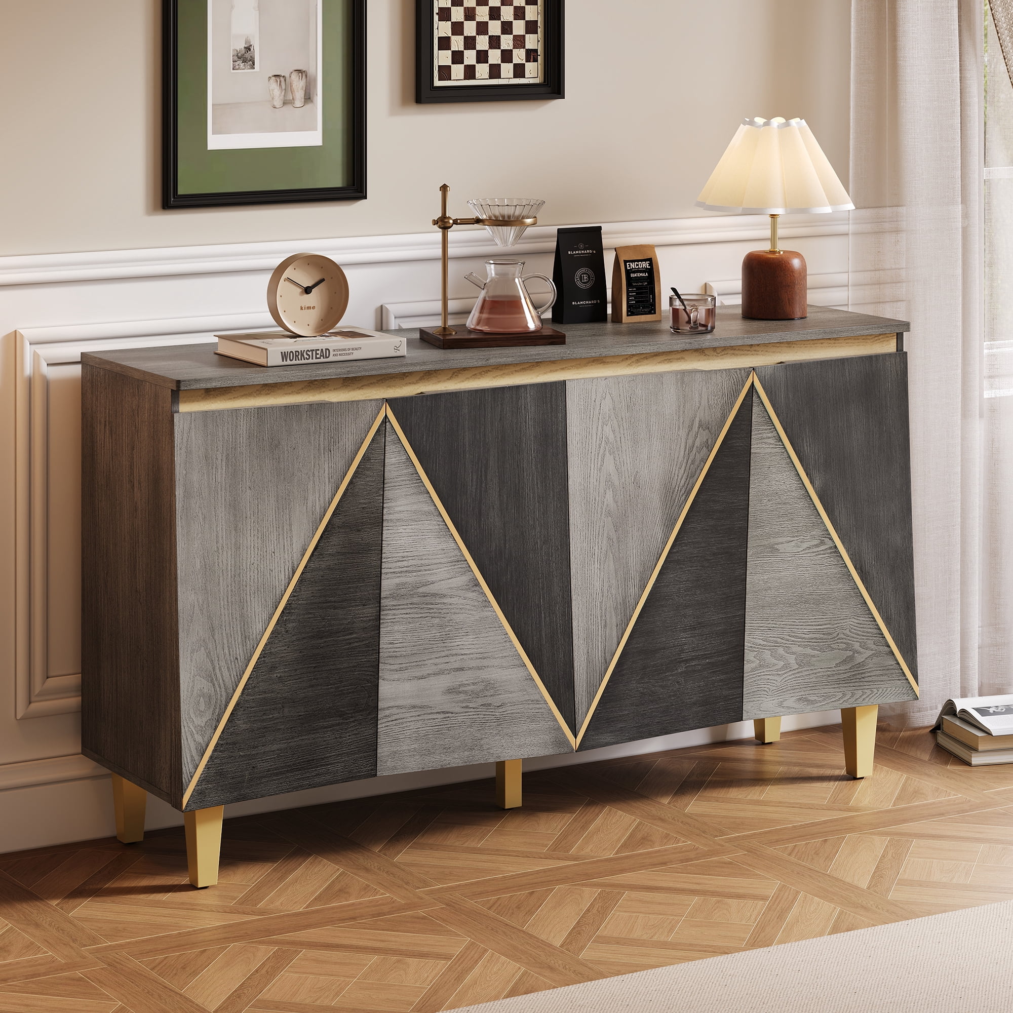 Euroco 60" Retro Buffet Cabinet with Storage,Wood Sideboard with 4 Doors & 2 Adjustable Shelves for Kitchen Living Room,Dark Gray