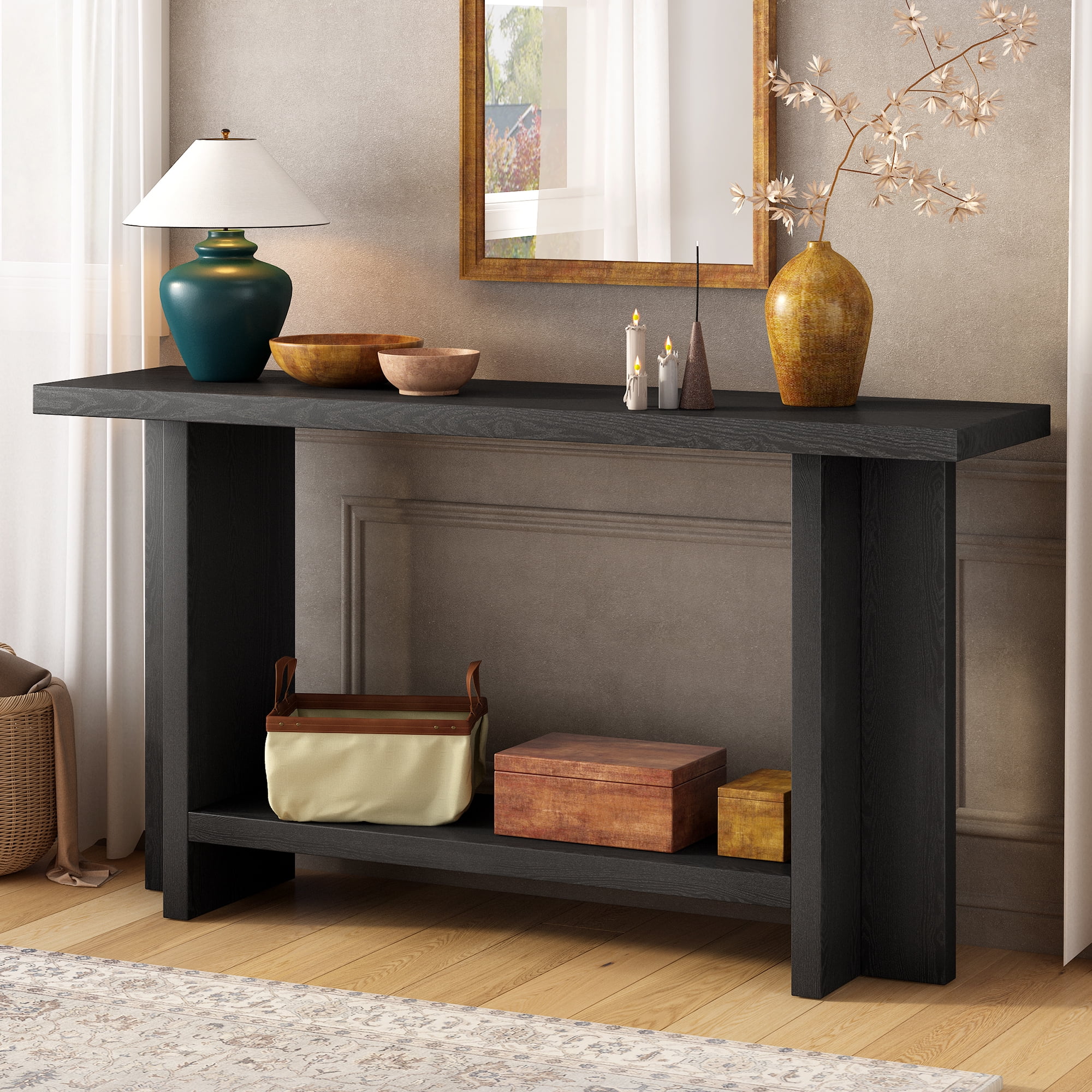 Euroco 60" Retro Console Table, Solid Wood Entryway Table with T-Leg and Open Style Shelf, Sofa Wall Table for Living Room, Entrance,Black