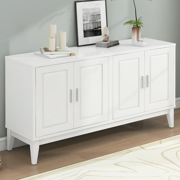 Euroco 60" Sideboard Buffet Cabinet,Solid Wood Accent Cabinet Console Coffee Bar with Adjustable Shelf and 4 Doors for Living Room,White