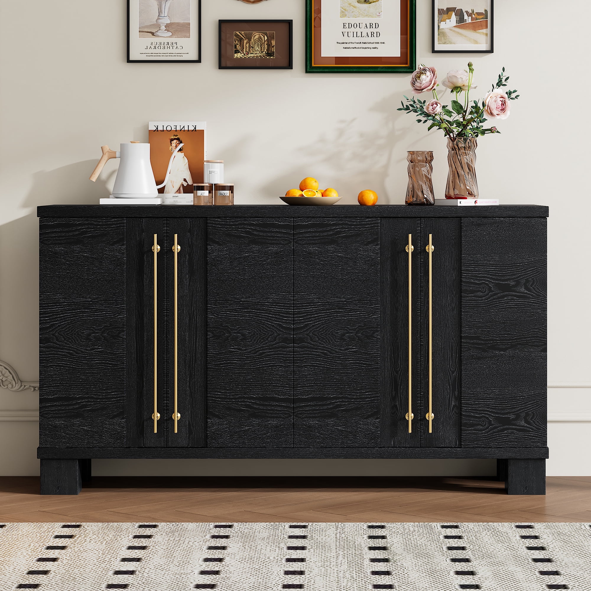Euroco 60" Sideboard Buffet Cabinet with Storage, Wooden Coffee Bar Cabinet with Gold Handles & Adjustable Shelves for Kitchen, Dining Room and Living Room,Black