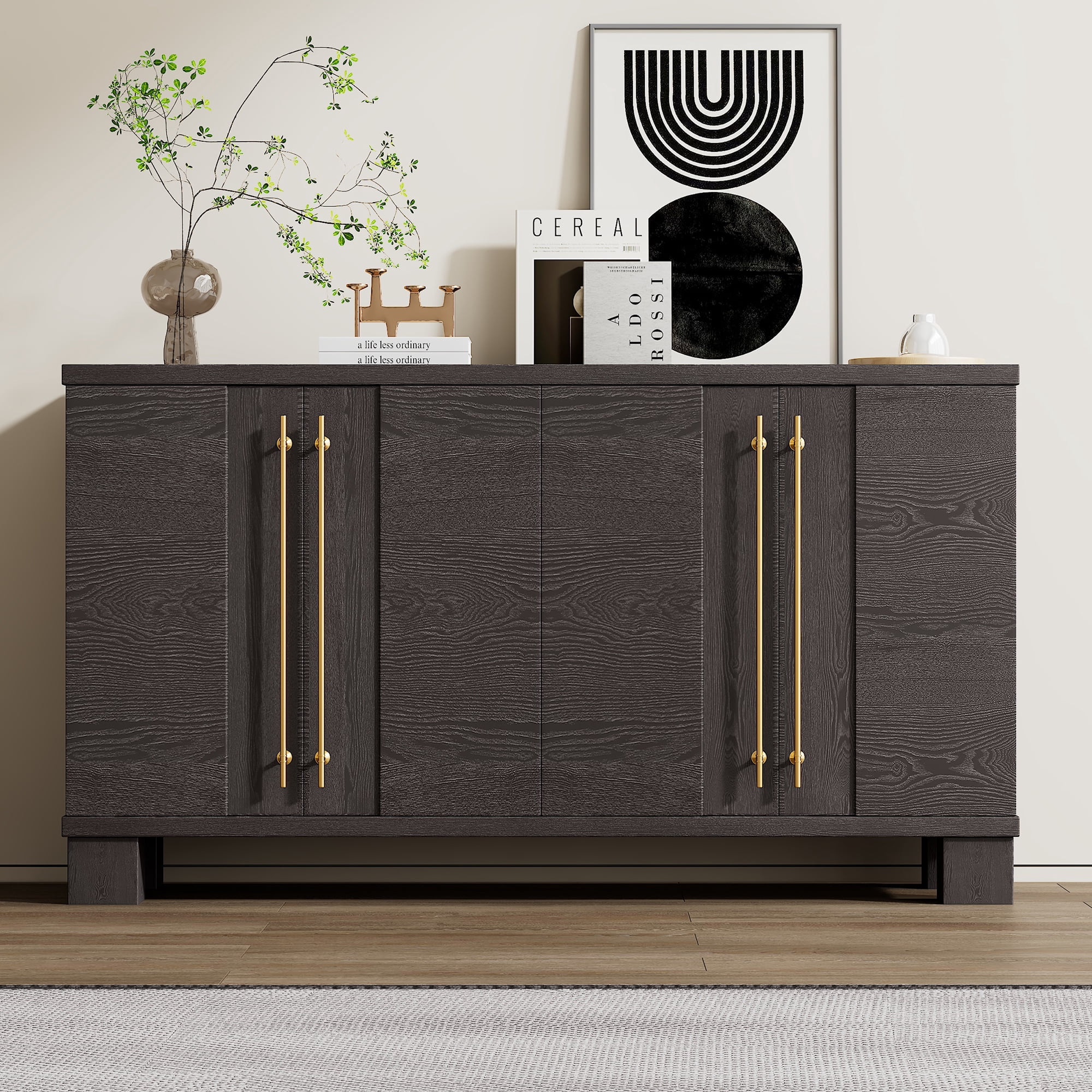 Euroco 60" Sideboard Buffet Cabinet with Storage, Wooden Coffee Bar Cabinet with Gold Handles & Adjustable Shelves for Kitchen, Dining Room and Living Room,Taupe