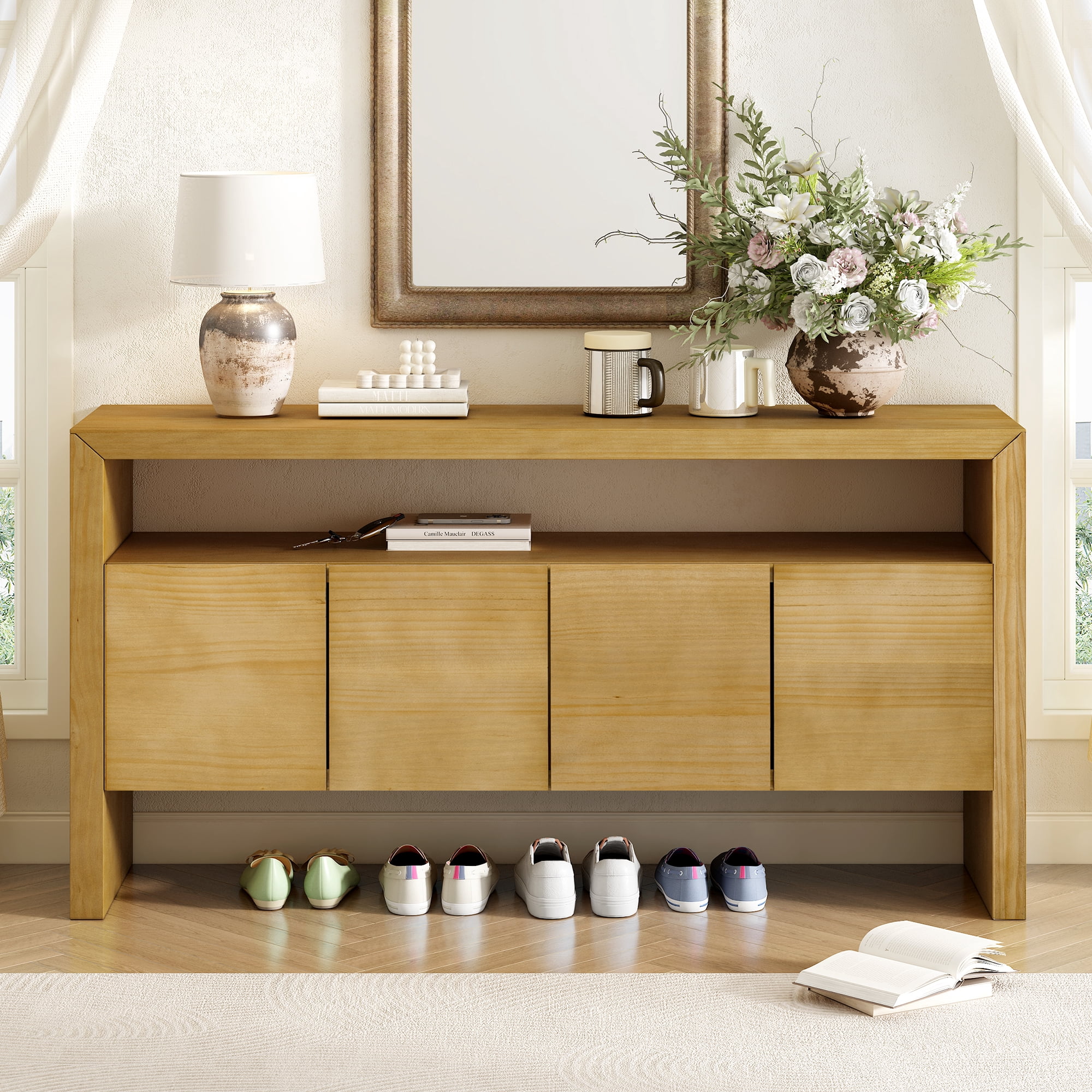 Euroco 60" Sideboard Buffet Cabinet with Storage, Solid Wood Coffee Bar Station Table with 4 Doors and Open Shelf for Living Room,Hallway,Natural