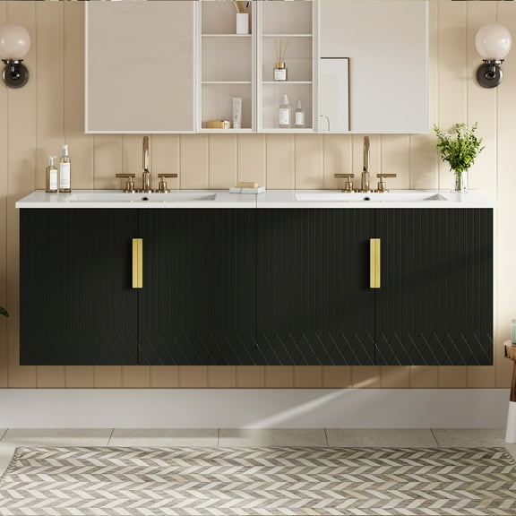 Euroco 60" Vintage Bathroom Vanity with Ceramic Sink, with 3 Holes Single Ceramic Sink, Bathroom Storage Vanity Cabinet with 2 Soft Closing Doors