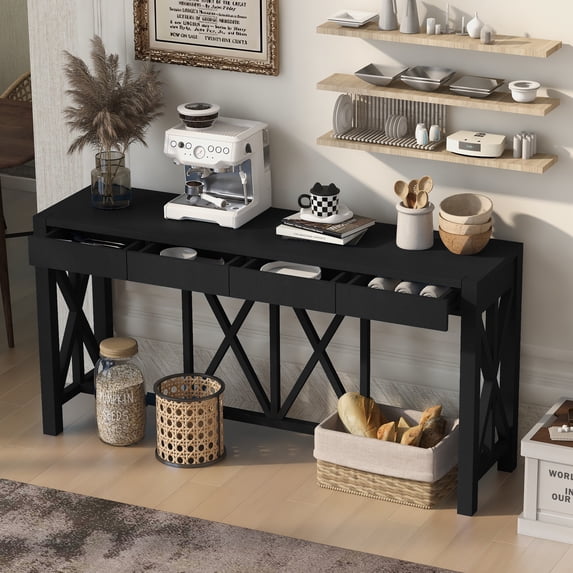 Euroco 60" Wood Console Table with 4 Drawers,Farmhouse Narrow Long Entryway Table Sofa Table with Open Bottom Storage for Living Room,Kitchen,Hallway,Black